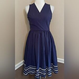 Navy Blue White Striped Hem Surplice V-Neck ModCloth Dress by Yellow Star Small